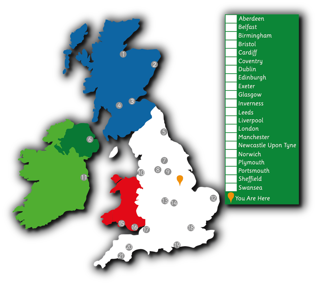 British isles Map with Cities Multi-Coloured
